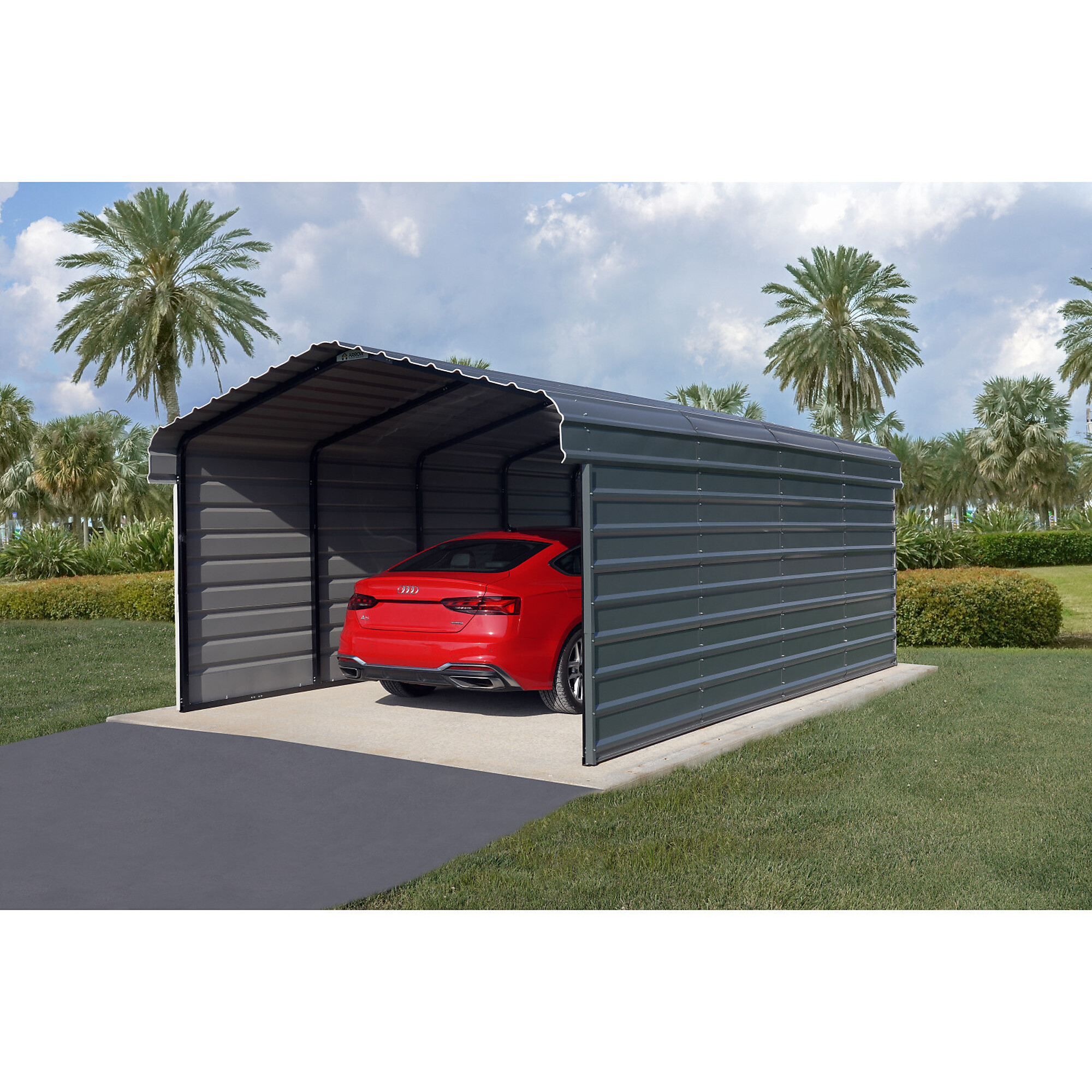 Arrow, Arrow 12x20x7 3 Sided Carport, Width 146 in, Height 102 in, Cover Material Steel, Model# CPHC122007ECL3